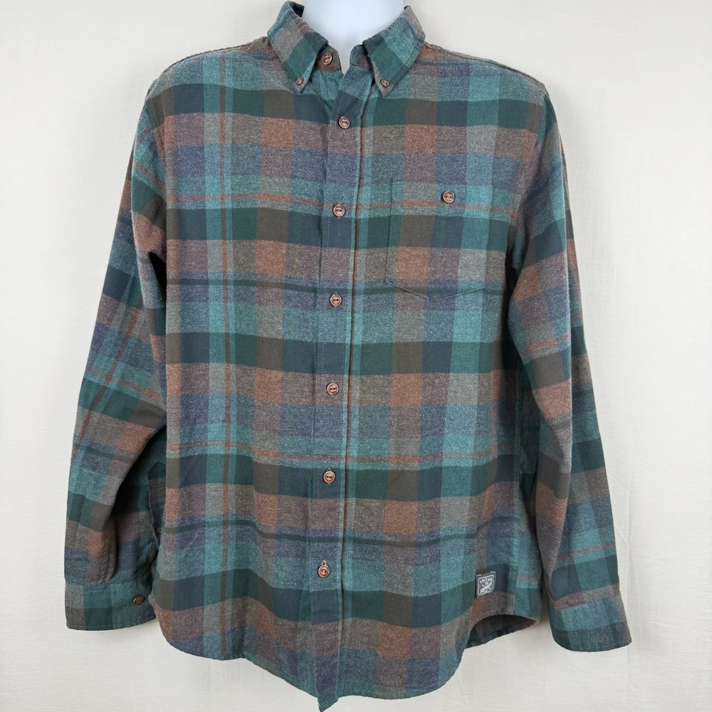 Weatherproof Vintage Mens Plaid Flannel Shirt Green Brown Blue Medium